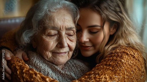 Closeup of an elderly woman being gently embraced by her daughter, the soft lighting enhancing the emotional connection and warmth