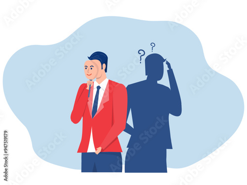 Imposter syndrome.shadowman standing for her present profile take award with Anxiety and lack of self confidence at work; the person fakes is someone else concept