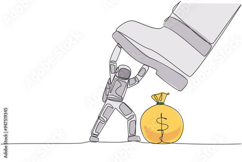 Continuous one line drawing young astronaut holds back giant foot that want to step on money bag. Get full disturbance from intruder. Cosmonaut deep space. Single line draw design vector illustration