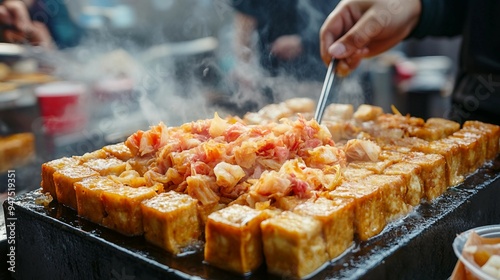 Irresistible Deep-Fried Stinky Tofu with Fermented Bean Curd and Pickled Cabbage - Traditional Taiwanese Street Food Delight photo