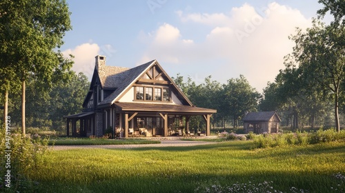 visual of a traditional farmhouse with a rustic design, including wooden beams, a spacious porch, and surrounding farmland.