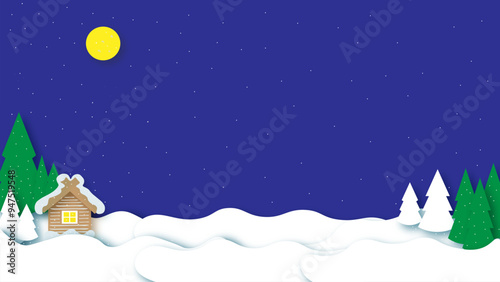 A small village house is covered with snow. Christmas landscape, Christmas trees, moon and stars. Vector illustration.
