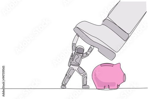 Continuous one line drawing astronaut holds back giant foot wants to step on piggy bank. Precautions not to disrupt preparations for space expeditions. Single line draw design vector illustration