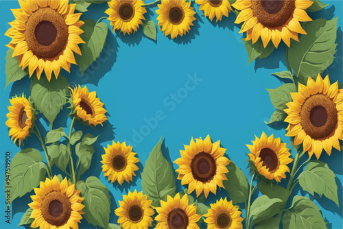 Frame made of blooming sunflowers with green leaves on blue background with copy space. Harvest, agriculture, farming concept.