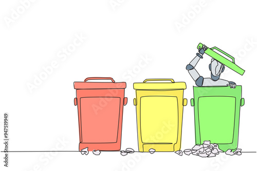 Single one line drawing robot peeking out of the trash can, there were lots of wads of paper. Programmed to have sensitivity. Embarrassed. Future tech. Continuous line design graphic illustration