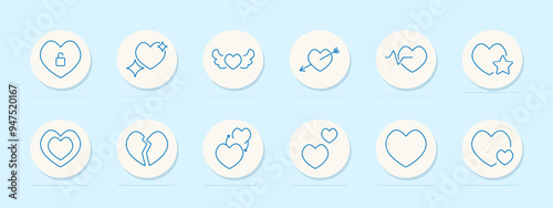 Heart symbol set icon. Lock, sparkle, wings, arrow, pulse, star, double, broken, exchange, love, romance, emotion, relationship, symbol, affection, feelings