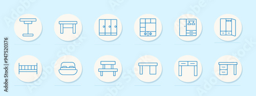 Office furniture set icon. Table, desk, cabinet, shelves, wardrobe, bed, seating, storage, interior, home, furnishing, decor, organization, design, workspace, furniture