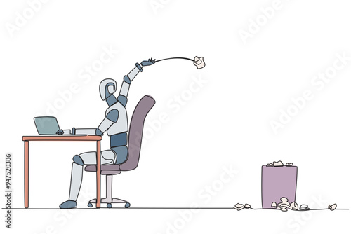 Single continuous line drawing robot typing at work desk throwing wads of paper into trash. Create programming code notes to make artificial intelligence better. One line design vector illustration