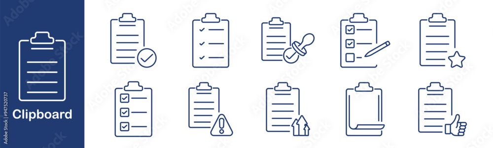 Clipboard checklist set icon. Approval, verification, document, reminder, list, warning, pencil, star, upload, thumbs up, task, note, record, organization, management, office, tool Clipboard checklist set icon. Approval, verification, document, reminder, list, warning, pencil, star, upload, thumbs up, task, note, record, organization, management, office, tool