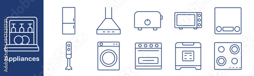 Home appliances set icon. Refrigerator, hood, toaster, microwave, scale, blender, washing machine, stove, oven, cooktop, household, kitchen, electric, appliance, kitchenware, electronic