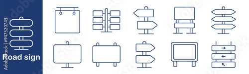 Road sign icon set. Directional, pointer, arrow, blank, guidepost, navigation, billboard, street, path, location, wayfinding, outdoor, traffic, board, signage, guidance, symbol