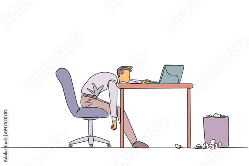 Single continuous line drawing businessman sitting in work chair looking tired. Want to work on business reports on a laptop. Very tired. Loss of focus and passion. One line design vector illustration