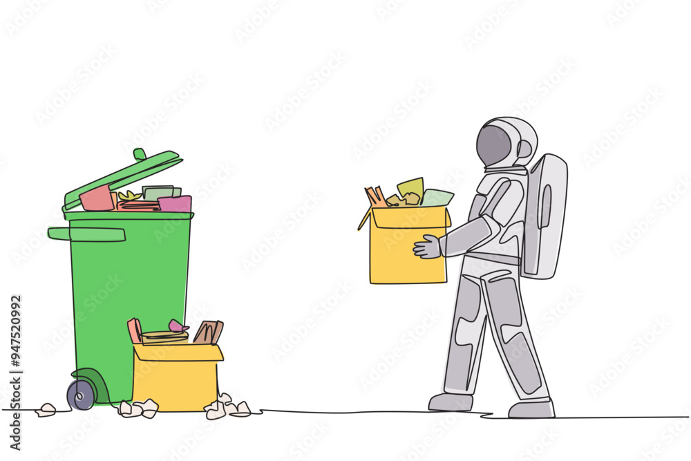 Single one line drawing astronaut carrying a cardboard box full of piles of paper to the trash. Clean the work room before leaving for a space expedition. Continuous line design graphic illustration Single one line drawing astronaut carrying a cardboard box full of piles of paper to the trash. Clean the work room before leaving for a space expedition. Continuous line design graphic illustration