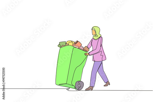 Single continuous line drawing Arabian businesswoman pushing trash can filled with wads of paper. Piling useless files in workspace is not important. Throw away. One line design vector illustration