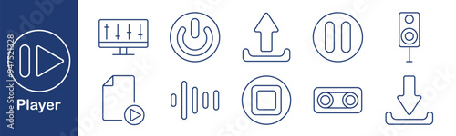 Player set icon. Film reel, touch, countdown, cloud, movie, camera, play, screen, monitor, streaming, video, media, online, cinema, recording, technology, entertainment, multimedia
