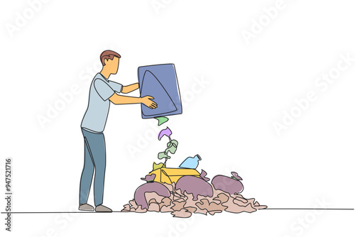 Single one line drawing man throws rubbish into rubbish pile. Environmental care. Throwing rubbish not in proper place. Surrounding air becomes less clear. Continuous line design graphic illustration