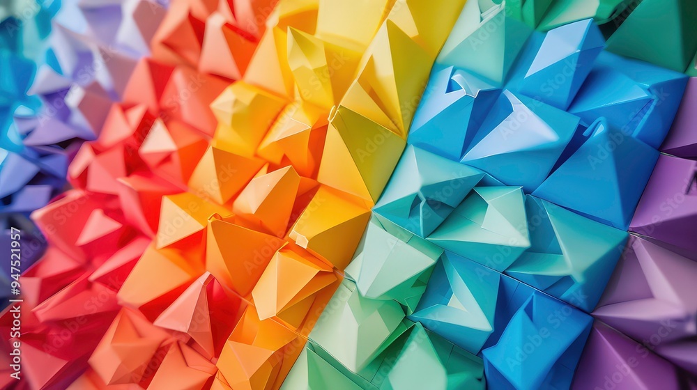 A close-up image of an abstract geometric pattern created from folded paper in various shades of the rainbow. A close-up image of an abstract geometric pattern created from folded paper in various shades of the rainbow.