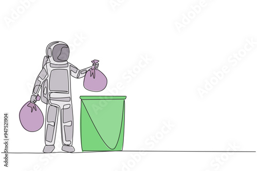 Continuous one line drawing astronaut puts trash bag in trash can. Environmental care. Throw garbage in its place. Cosmonaut. Cosmic galaxy deep space. Single line draw design vector illustration