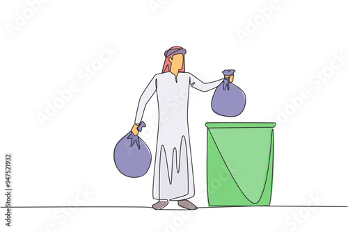 Continuous one line drawing Arab man puts rubbish bag into the trash can. Environmental care. Join the cleanliness campaign. For a healthy body and soul. Single line draw design vector illustration