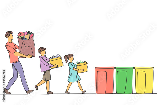 Single continuous line drawing man and his son and daughter brought rubbish bags and threw them in the rubbish bin. Teach from early age to keep environment clean. One line design vector illustration