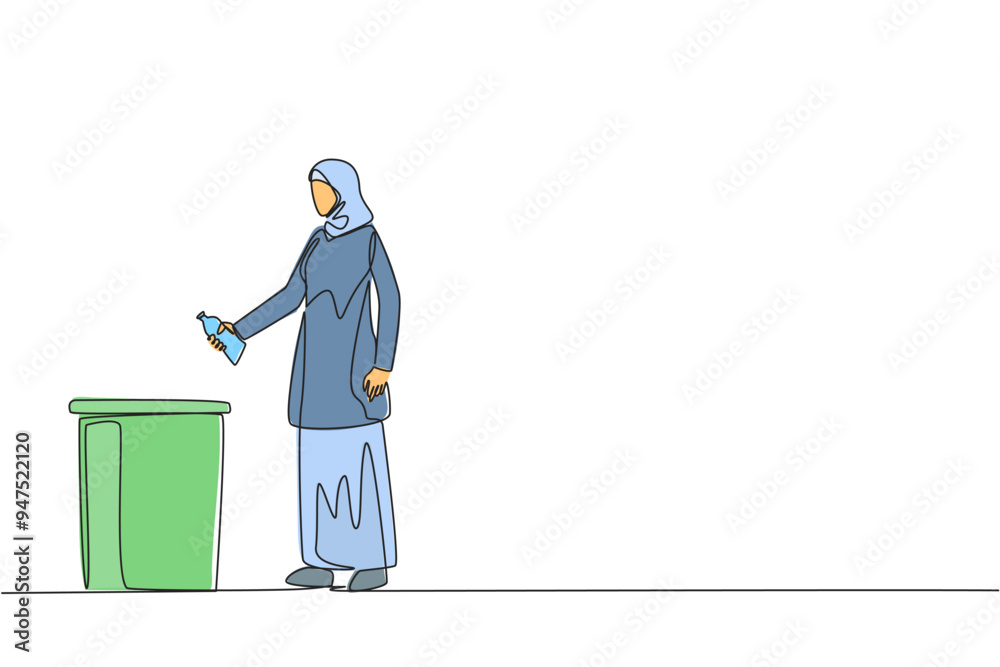 Single continuous line drawing Arabian woman throw used plastic bottles into overflowing trash cans. Environmental care. Provide examples of commendable actions. One line design vector illustration Single continuous line drawing Arabian woman throw used plastic bottles into overflowing trash cans. Environmental care. Provide examples of commendable actions. One line design vector illustration