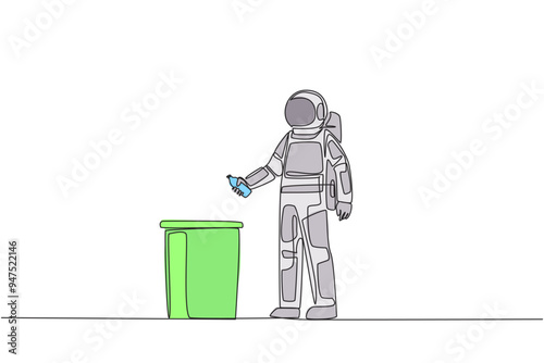 Single continuous line drawing astronaut throw used plastic bottles into overflowing trash cans. Carrying rubbish brought down after the space expedition. Care. One line design vector illustration