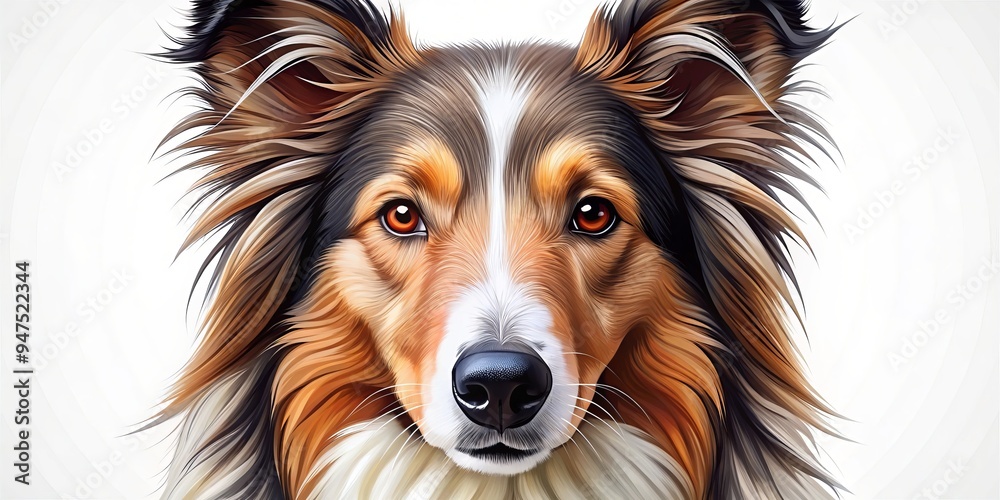 A digital illustration of a collie's face, looking straight at the camera lens, on a pure white backdrop to highlight its fluffy coat and expressive eyes. A digital illustration of a collie's face, looking straight at the camera lens, on a pure white backdrop to highlight its fluffy coat and expressive eyes.