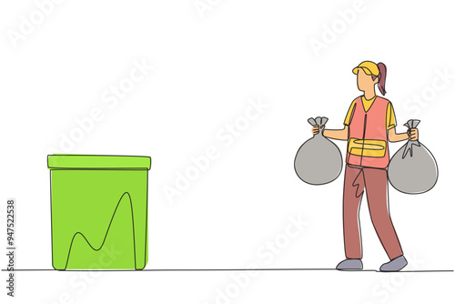 Single continuous line drawing trash woman carrying two plastic trash bags. Bring household rubbish to throw in the rubbish bin. Consciously maintain cleanliness. One line design vector illustration