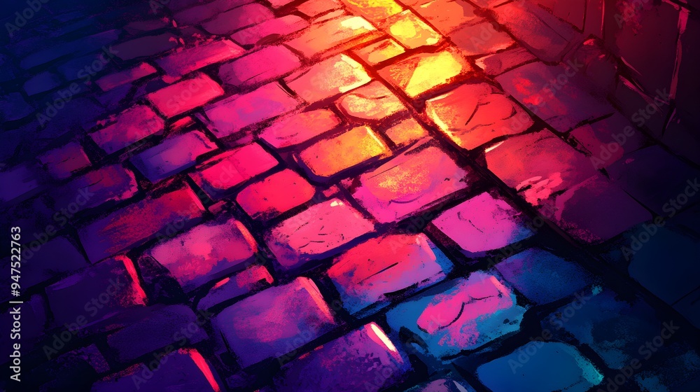 Fototapeta premium Illustration of cobblestone street, basketweave pattern, warm sunlight, hand-drawn sketch style, vibrant color palette, soft shadows