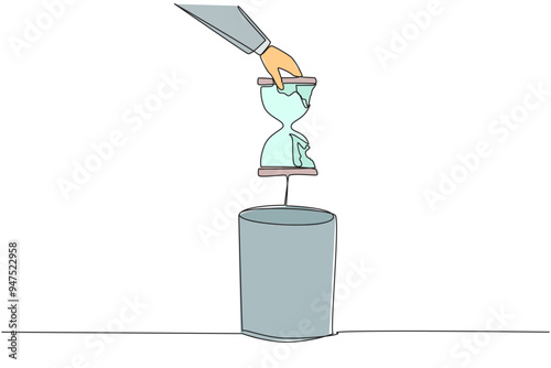 Continuous one line drawing businessman's hand throwing away a broken hourglass. There is no countdown deadline. No reminders. But still have to be responsible. Single line design vector illustration