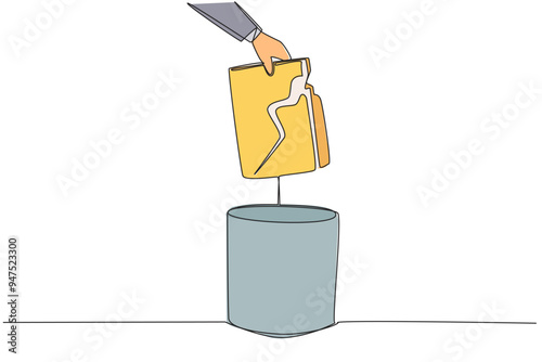 Single continuous line drawing businessman's hand throwing away a broken folder. Replacing archives. Avoid leaks of highly confidential personal data. Wrecked. One line design vector illustration
