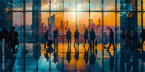 urban silhouettes depicting a busy cityscape reflected in the glass facade of a building.