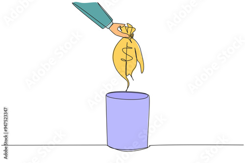 Continuous one line drawing businessman's hand throwing away torn money bag. Useless thing. Cannot be used to carry money. More expenses than income. Single line draw design vector illustration