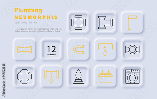 Plumbing set icon. Pipe, fitting, magnet, leak, drop, washer, pipeline, tap, plumbing tools, water supply, repair, maintenance, neomorphic style, infrastructure