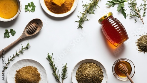 Fresh organic spices for healthy cooking: Red pepper, garlic, herbs, and green leaves in a white glass cup photo