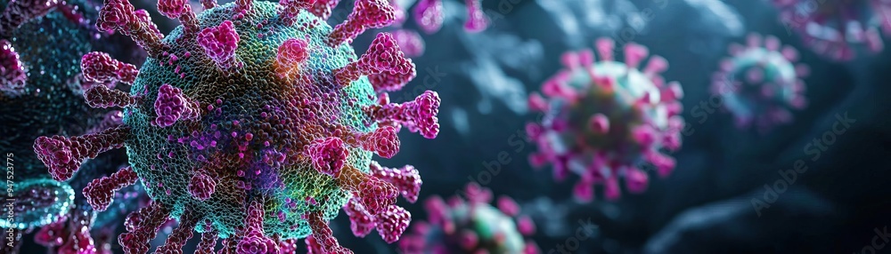 Obraz premium Detailed view of viruses at a microscopic level, with a dark background and vibrant, otherworldly colors, scientific and eerie