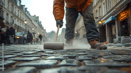 Mid-action scene of a worker positioning cobblestones with a rubber mallet, sand dust subtly rising as the stones are tapped into place