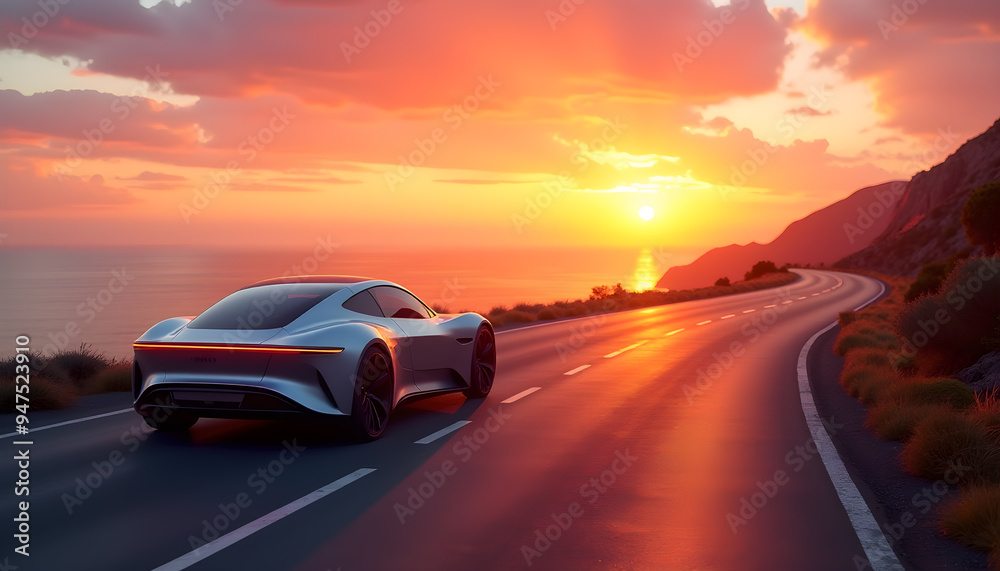 Futuristic Electric Car on a Scenic Coastal Drive at Sunset Futuristic Electric Car on a Scenic Coastal Drive at Sunset