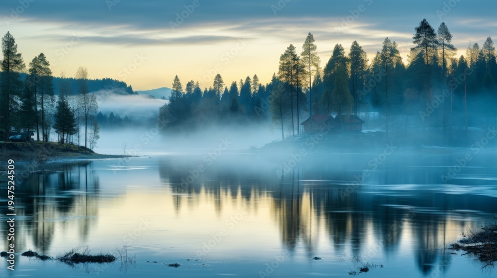 Fototapeta premium Enigmatic misty forest landscape capturing nature s serene beauty and tranquility