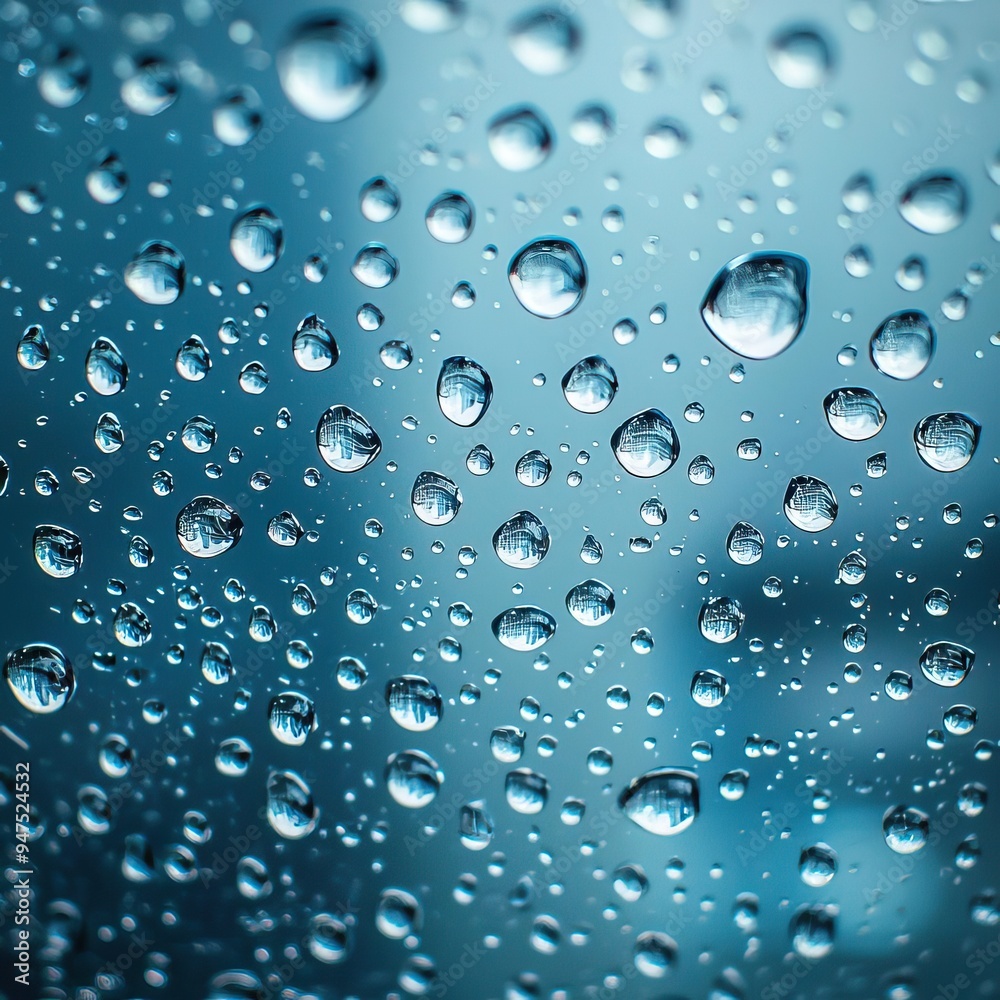 Detailed view of water droplets on glass, each drop reflecting light and creating a cool, serene visual, refreshing and detailed Detailed view of water droplets on glass, each drop reflecting light and creating a cool, serene visual, refreshing and detailed