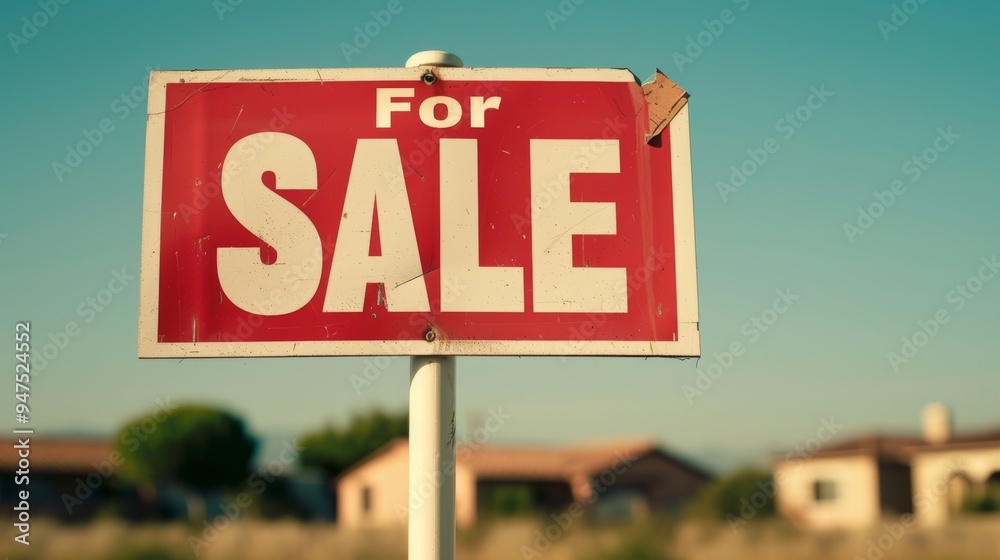 Obraz premium A weathered red 'For Sale' sign in front of houses on a sunny day, symbolizing real estate property availability.