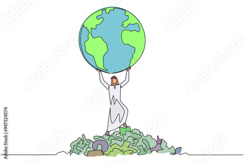 Single continuous line drawing Arab man raises globe with both hands. Keep earth free from scattered rubbish. Environmental care. Protect the earth. Love the earth. One line design vector illustration