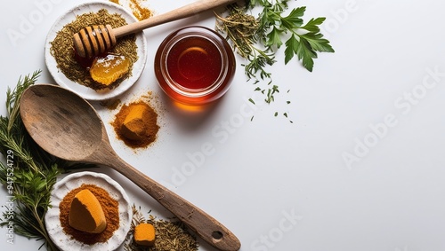 Fresh organic spices for healthy cooking: Red pepper, garlic, herbs, and green leaves in a white glass cup photo