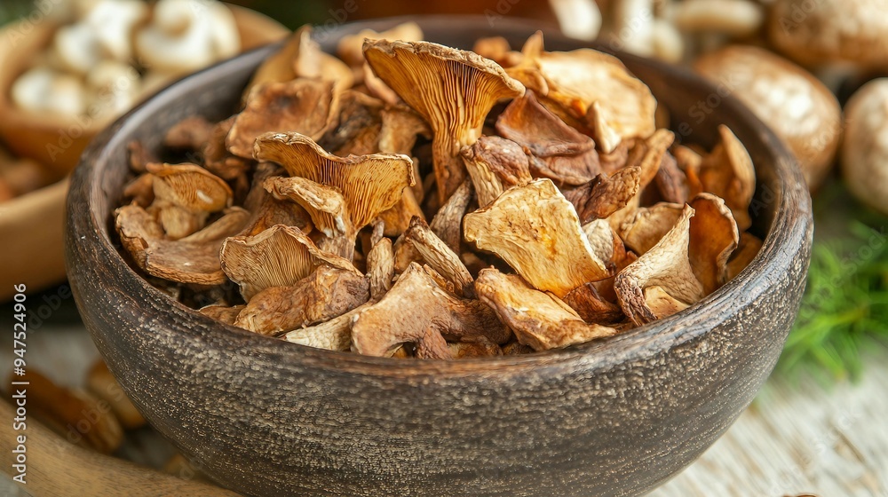 Assorted Dried Mushrooms on Wooden Background - Healthy Superfood Ingredients for Cooking Assorted Dried Mushrooms on Wooden Background - Healthy Superfood Ingredients for Cooking
