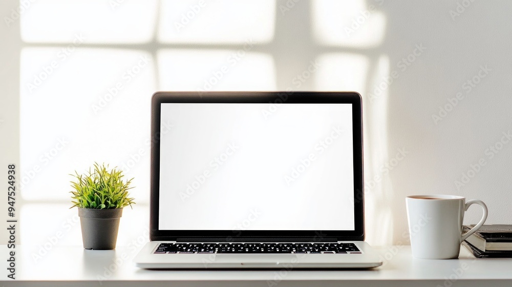 Minimalist workspace with a laptop displaying a blank screen centered between a small potted plant and a pink coffee cup on a white desk. The image features a bright, clean aesthetic with ample copy s Minimalist workspace with a laptop displaying a blank screen centered between a small potted plant and a pink coffee cup on a white desk. The image features a bright, clean aesthetic with ample copy s