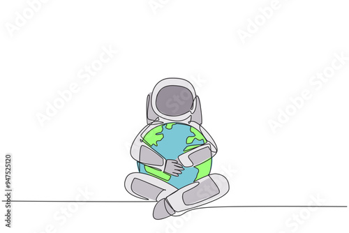 Single one line drawing astronaut sitting hugging globe. The expedition made realize that the earth should be loved more and more. Cosmic. Love the planet. Continuous line design graphic illustration