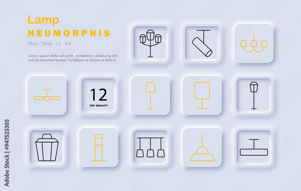 Lamp set icon. Lighting, lamp, chandelier, light fixture, illumination, indoor lighting, home decor, neomorphic style, interior design Lamp set icon. Lighting, lamp, chandelier, light fixture, illumination, indoor lighting, home decor, neomorphic style, interior design