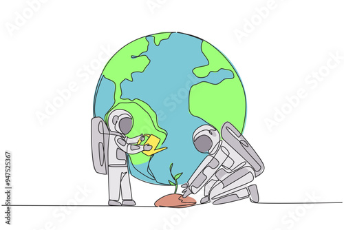 Single one line drawing little astronaut standing watering the plants. A special lesson to love the earth. Teach from an early age. Cosmonaut save planet. Continuous line design graphic illustration