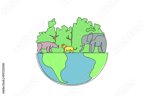 Single continuous line drawing lush trees and several animals. Habitat for living creatures. A maintained ecosystem ensures that animal populations are maintained. One line design vector illustration