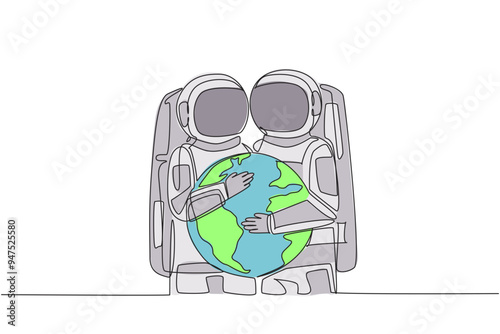 Continuous one line drawing astronauts hug each other hugging globe. Love the earth so much after returning home from expedition. Will make earth greener. Single line draw design vector illustration